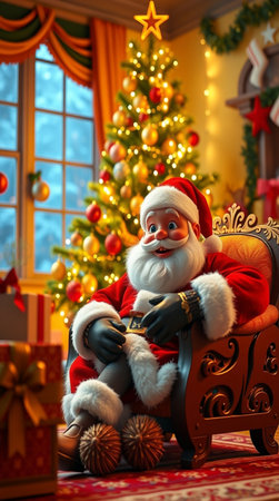 Santa Claus sitting in armchair near Christmas tree and gifts at homeの写真素材