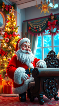 Santa Claus sitting in a chair near the Christmas tree with gifts.の写真素材