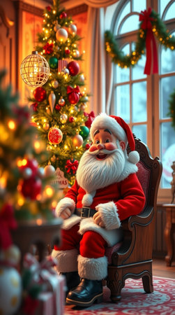 Santa Claus is sitting in an armchair near the Christmas tree.の写真素材