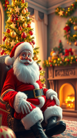 Santa Claus sitting in armchair near Christmas tree at home. Christmas and New Year concept.の写真素材