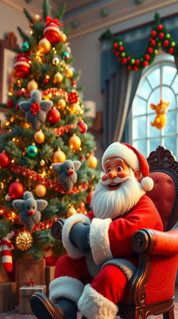Santa Claus sitting in armchair near Christmas tree. Christmas and New Year concept.の写真素材