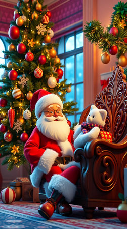 Santa Claus sitting on a chair in a room decorated for Christmas.の写真素材