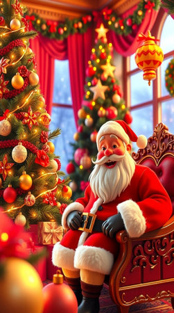 Santa Claus sitting in a chair near the Christmas tree. 3d renderingの写真素材