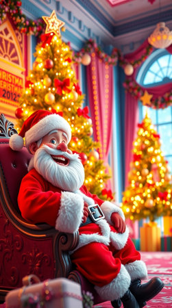 Santa Claus sitting in an armchair in front of a Christmas treeの写真素材