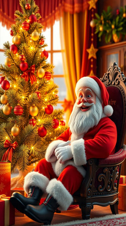 Santa Claus sitting in armchair near the Christmas tree with gifts.の写真素材