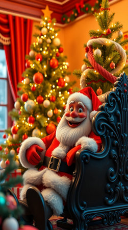 Santa Claus sitting in a rocking chair with a Christmas tree in the backgroundの写真素材