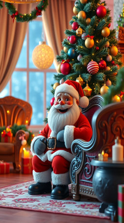 Santa Claus sitting in armchair near Christmas tree at home. Christmas interior.の写真素材