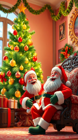 Santa Claus sitting on the sofa near the Christmas tree with gifts.の写真素材