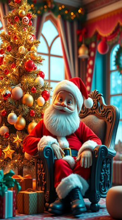 Santa Claus sitting in an armchair near the Christmas tree. 3d rendering.の写真素材