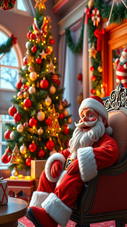Santa Claus sitting in armchair and looking at camera. Christmas interiorの写真素材