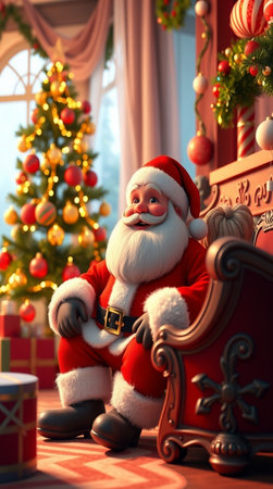 Santa Claus sitting in armchair near fireplace and Christmas tree at homeの写真素材