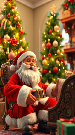 Santa Claus sitting in armchair and holding gift box in living roomの写真素材