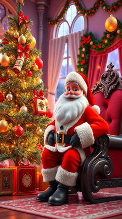 Santa Claus sitting in a chair near the Christmas tree. Christmas background.の写真素材