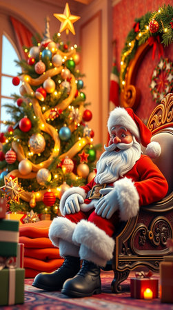 Santa Claus sitting in armchair near the Christmas tree. Christmas interior.の写真素材