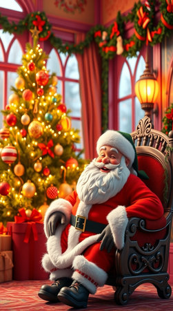 Santa Claus sitting in a chair near the Christmas tree and gifts.の写真素材