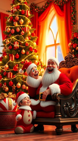 Santa Claus with children sitting in armchair near Christmas tree at home.の写真素材