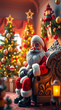 Santa Claus sitting in armchair near Christmas tree. Christmas decoration.の写真素材