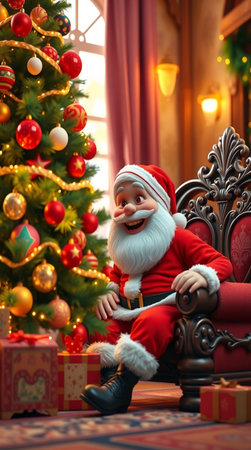 Santa Claus sitting in armchair near Christmas tree and gifts at homeの写真素材