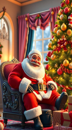 Santa Claus sitting in an armchair near the Christmas tree. 3d renderの写真素材