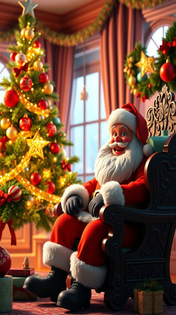 Santa Claus sitting in a chair near the Christmas tree. 3d renderingの写真素材
