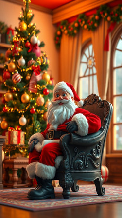 Santa Claus sitting in armchair in room decorated for Christmas and New Year.の写真素材