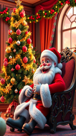 Santa Claus sitting in armchair near christmas tree with gifts.の写真素材