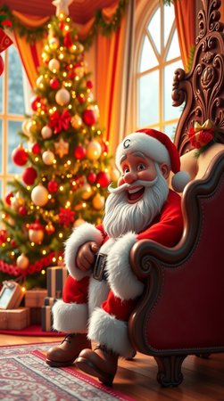 Santa Claus sitting in armchair near the Christmas tree. Christmas interior.の写真素材