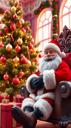 Santa Claus sitting in armchair with christmas tree on background.の写真素材