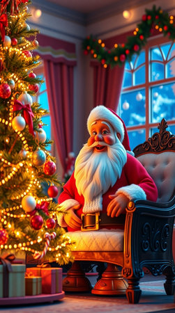 Santa Claus sitting in a chair by the window. Christmas interior.の写真素材