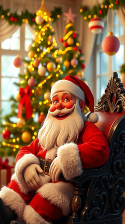 Santa Claus sitting in armchair and looking at camera. Christmas interiorの写真素材