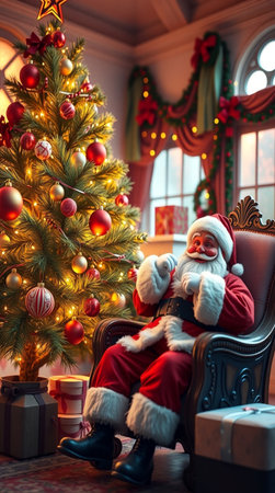 Santa Claus sitting in armchair near christmas tree at home.の写真素材