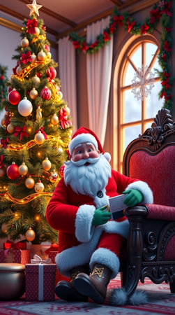 Santa Claus sitting in armchair near the Christmas tree with gifts.の写真素材