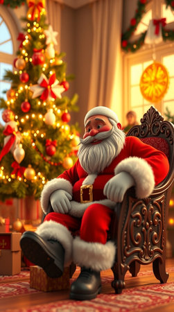Santa Claus sitting in a chair in front of a Christmas tree.の写真素材