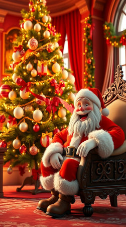 Santa Claus sitting in armchair near Christmas tree. Christmas interior.の写真素材