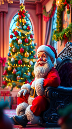 Santa Claus sitting on a throne in front of a Christmas tree.の写真素材