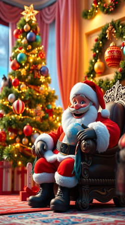 Santa Claus sitting in armchair with christmas tree in the backgroundの写真素材