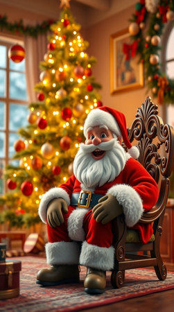 Santa Claus sitting in armchair near Christmas tree. Christmas concept.の写真素材