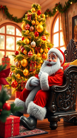 Santa Claus sitting in armchair with christmas tree on background.の写真素材
