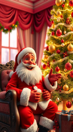 Santa Claus sitting in armchair with christmas tree in the backgroundの写真素材