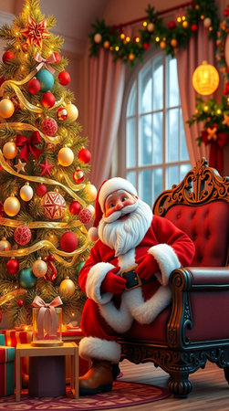 Santa Claus sitting in armchair near the Christmas tree. 3d renderingの写真素材
