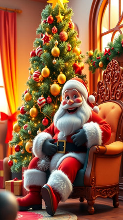 Santa Claus sitting in armchair near christmas tree. 3D illustration.の写真素材