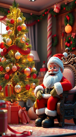 Santa Claus sitting in a rocking chair near the Christmas tree and giftsの写真素材
