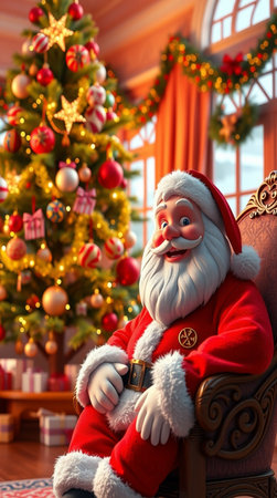 Santa Claus sitting in armchair with Christmas tree and gifts at homeの写真素材