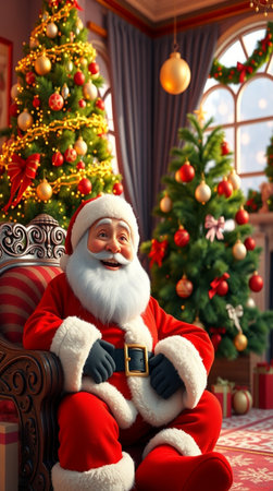 Portrait of Santa Claus sitting in armchair near Christmas tree at homeの写真素材