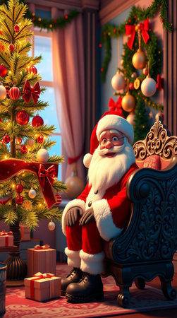 Santa Claus sitting in a chair near the Christmas tree and gifts.の写真素材