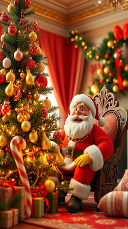 Santa Claus sitting in armchair near christmas tree with gifts at homeの写真素材