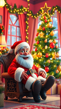 Santa Claus sitting in armchair at home. Christmas and New Year concept.の写真素材