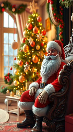 Portrait of Santa Claus sitting in armchair in room decorated for Christmasの写真素材