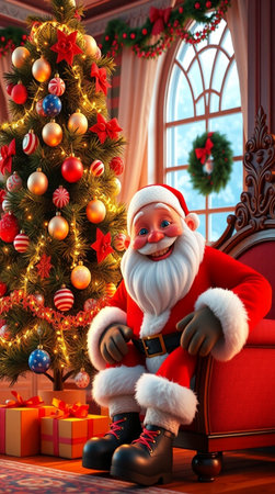 Santa Claus sitting near the Christmas tree with gifts. 3d rendering.の写真素材