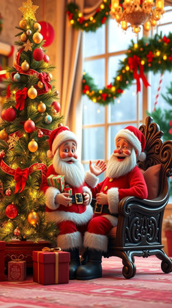 Santa Claus sitting in armchair near Christmas tree and holding gift boxesの写真素材